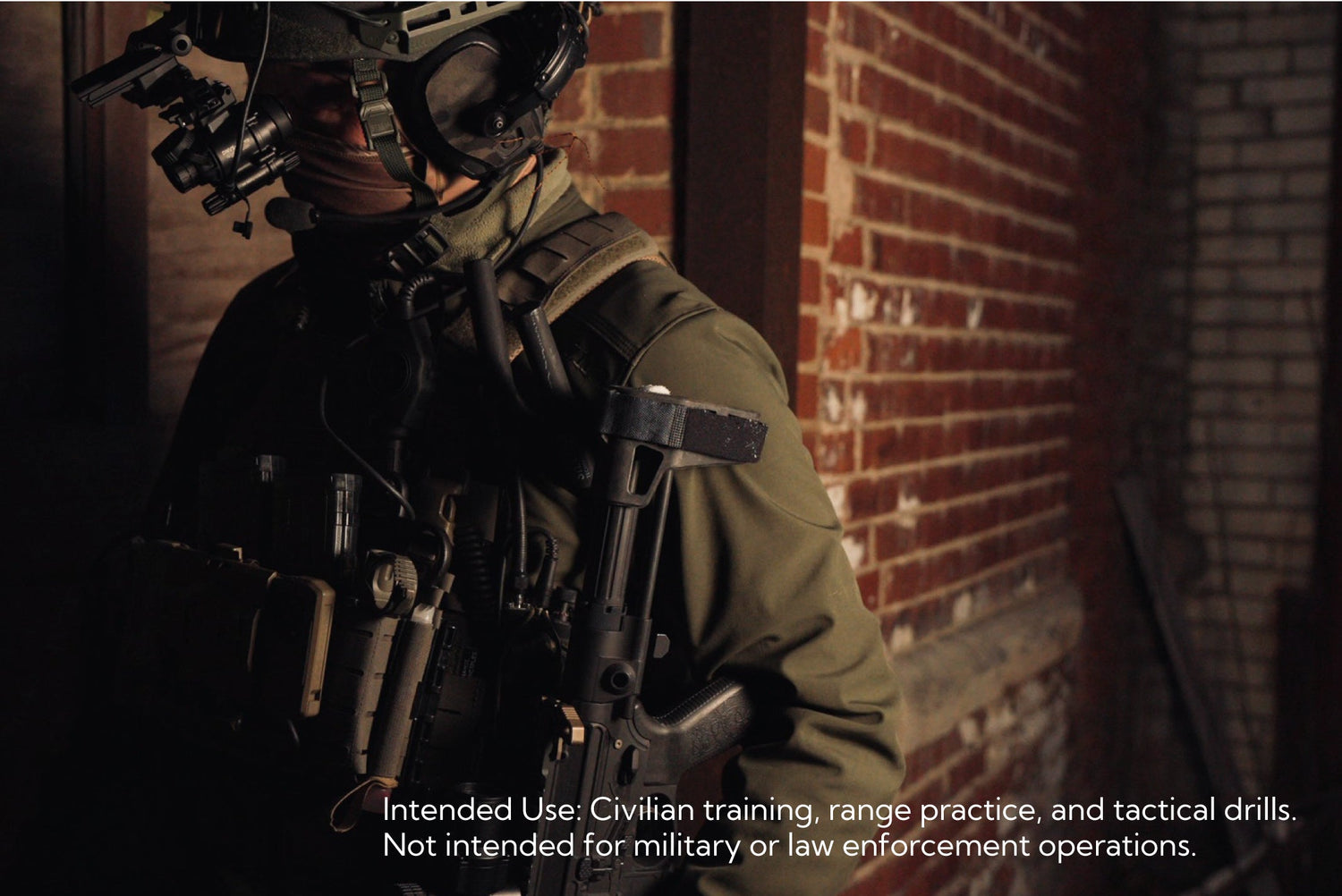Profile of a tactical operator wearing the DNVS-14 Pro on a helmet mount, featuring a Silvus antenna.