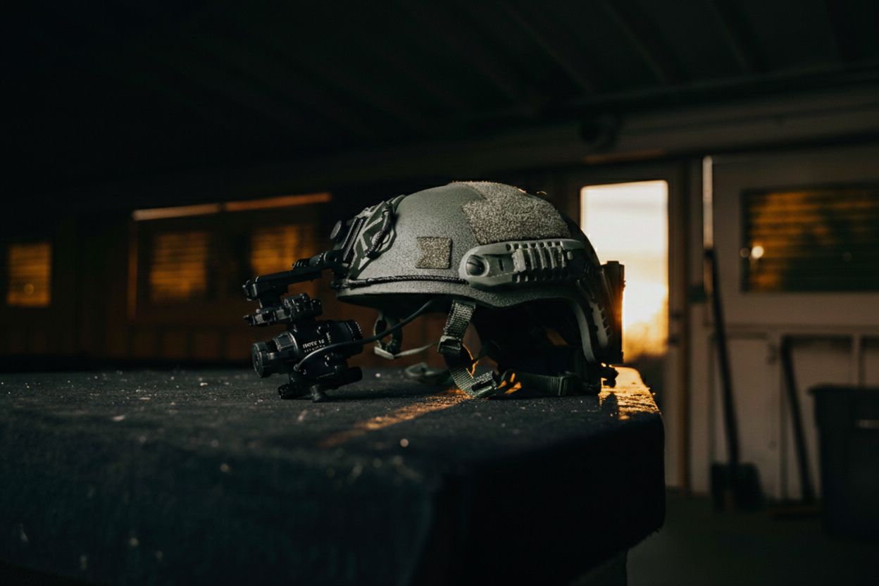 INFITAC Night Vision Goggles DNVS-14 Pro attached to a tactical helmet resting on a table in a dim workspace