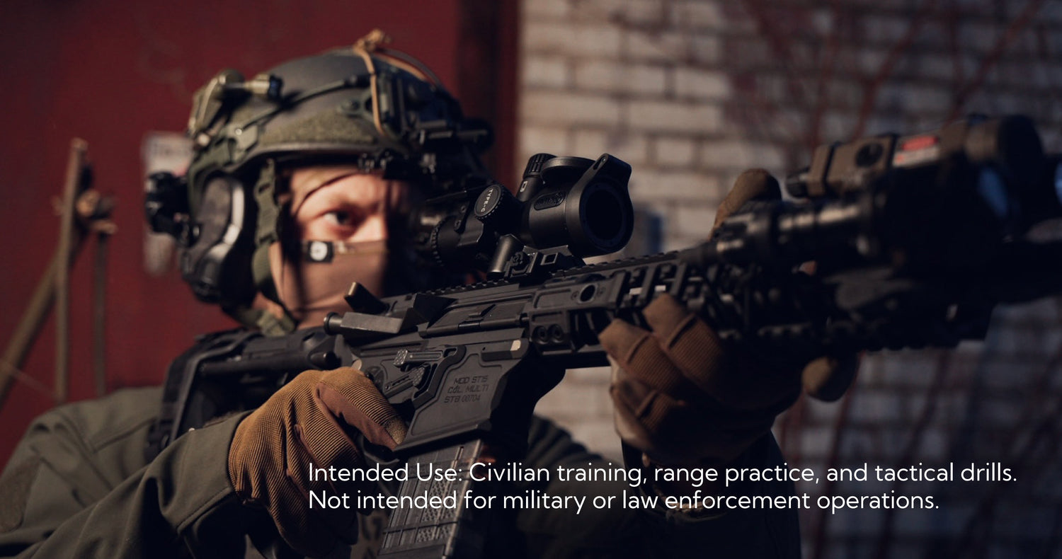 Tactical operator aiming a rifle with Thermal Rifle Sights IOTS IOL25 for precision in low-light urban settings