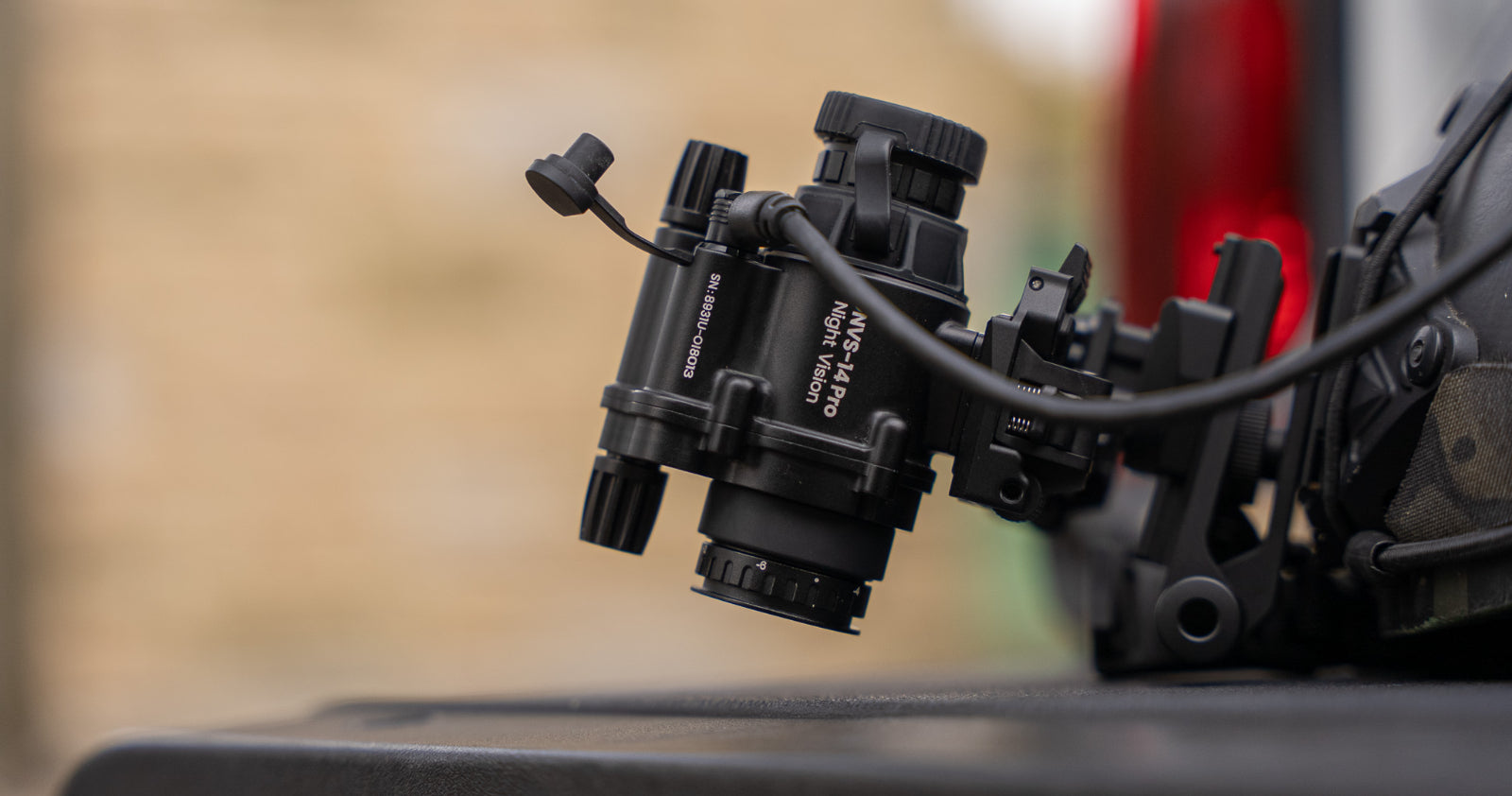 Dual digital night vision monocular binocular bridge mount with dovetail interface system closeup