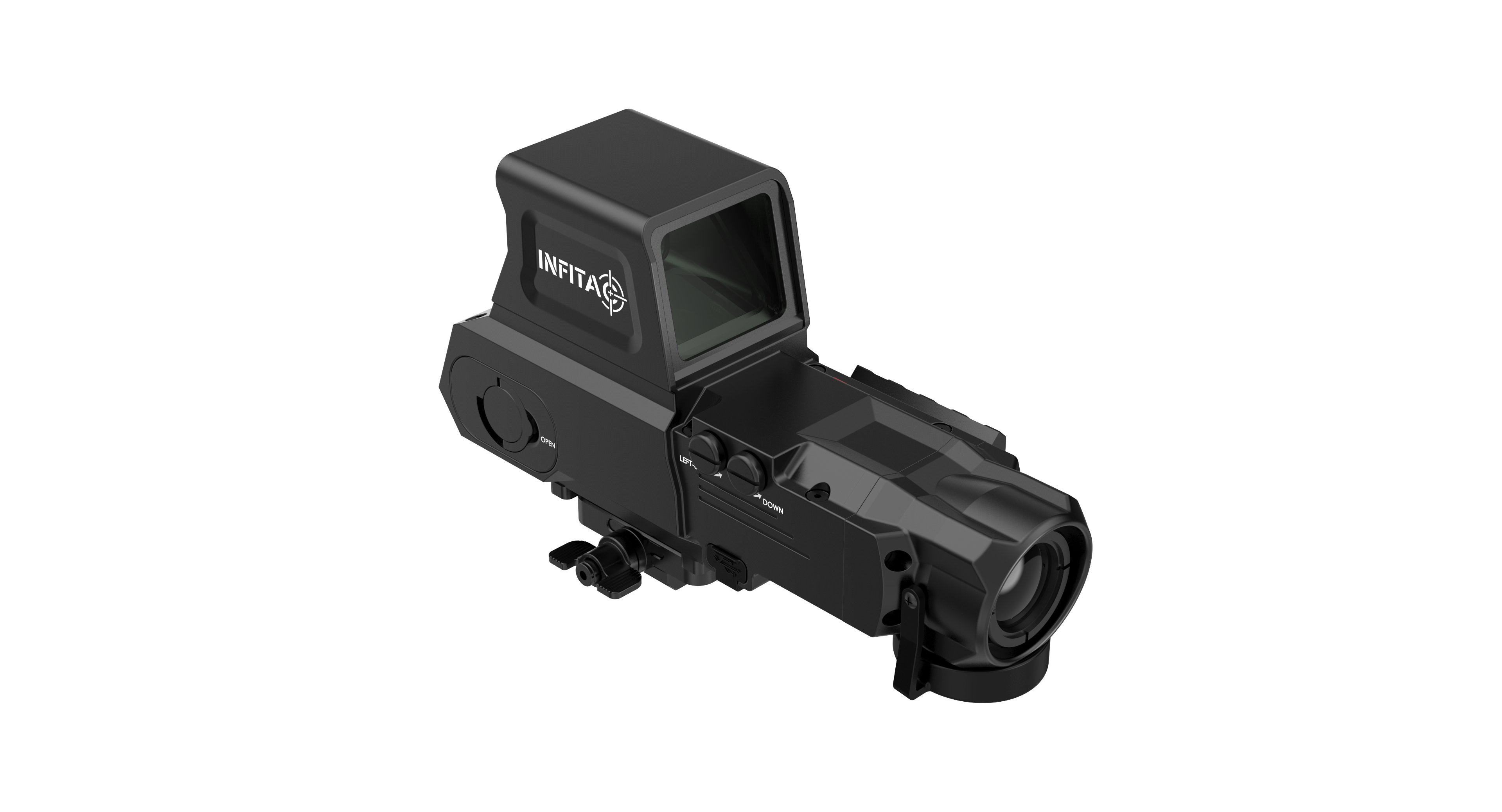 INFITAC FAL19 thermal scope featuring a 384x288 resolution thermal sensor, 19mm F1.0 lens, and 50Hz refresh rate. Built tough with IP67 waterproof protection and capable of handling up to 1200g of recoil.