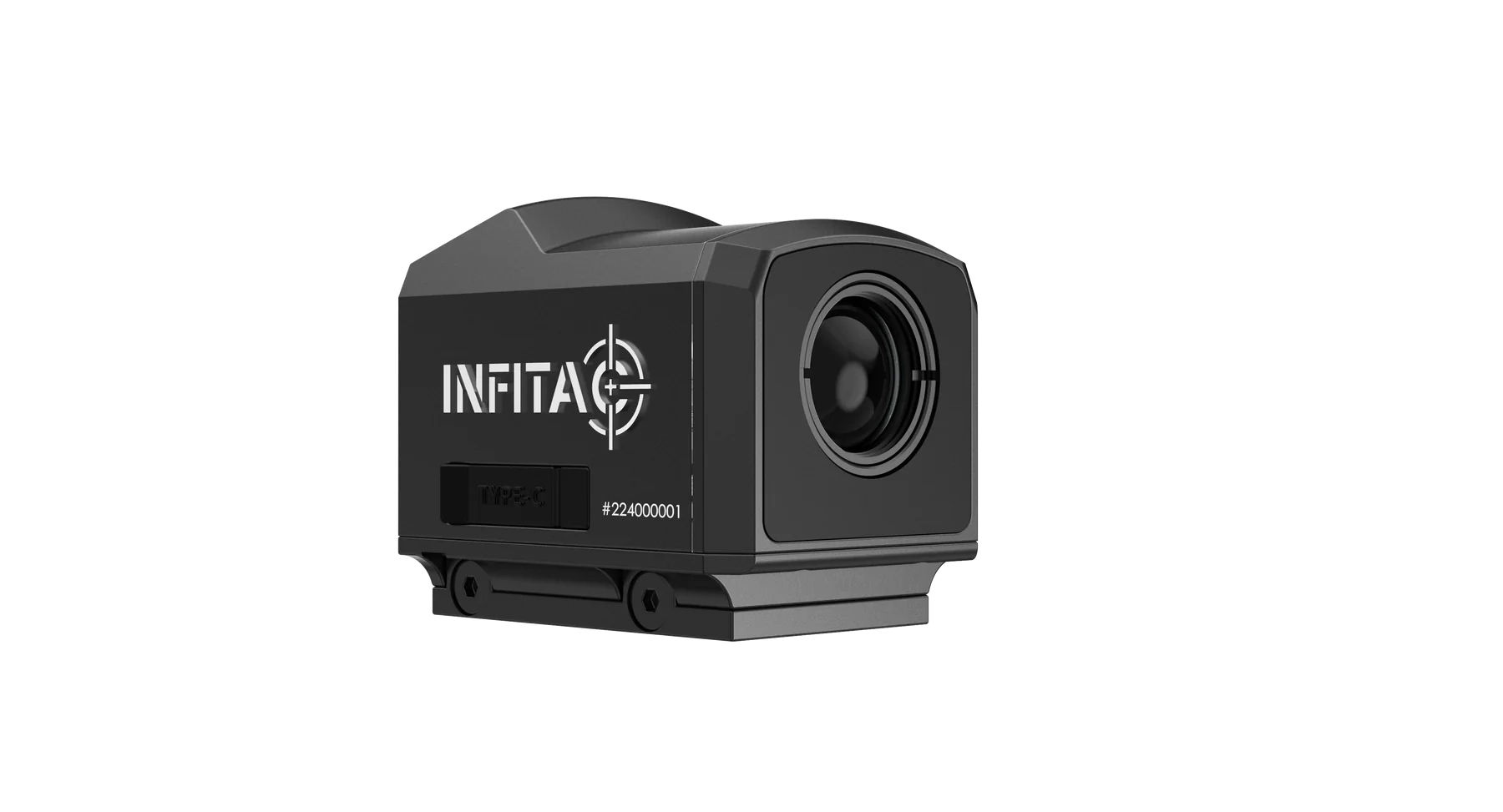 INFITAC FMP13 thermal scope, featuring a compact design with 256x192 resolution, 13mm F1.0 lens, 60Hz refresh rate, 1.4-inch display, and IP67 waterproof rating. Weighs 4oz, offers up to 5 hours of battery life.