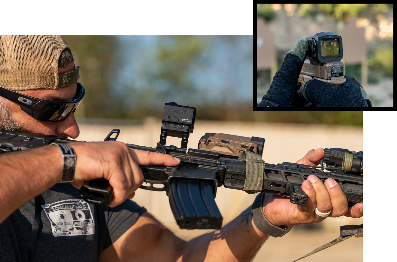 Shooter testing a thermal sight, with an inset close-up of the sight